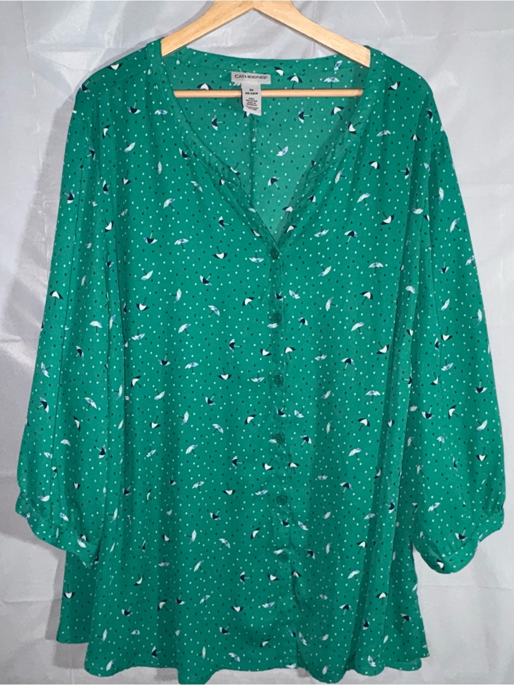 Catherine’s 3X Top Green All Over Umbrella Pattern Long Sleeve Tunic Polyester